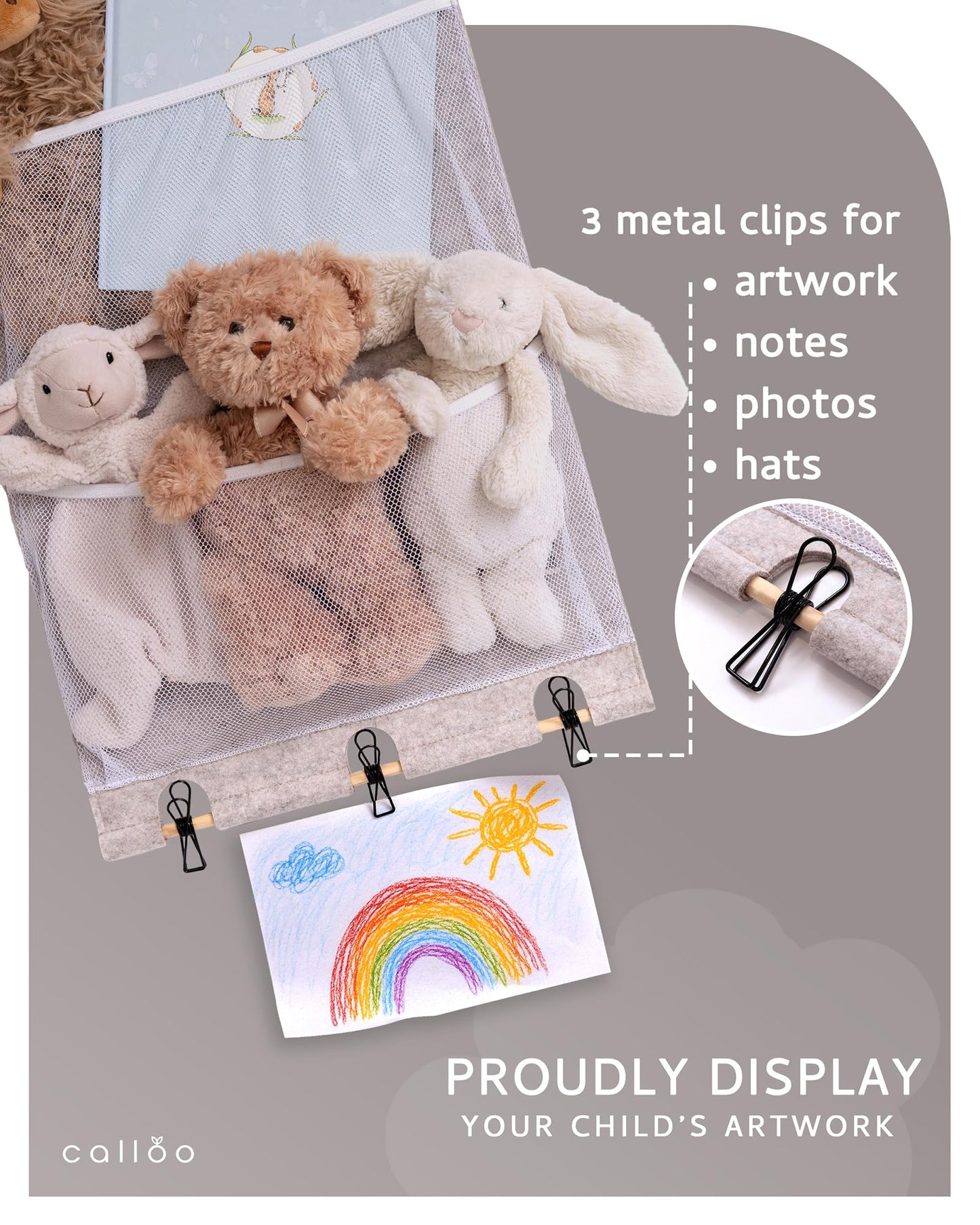 Calloo Over the Door Stuffed Animal Storage for Kids – Felt Organizer with Clips to Display Art and Mesh Pockets for Stuffies, Books and More – Space-Saving Hanging Design that Grows with your Child