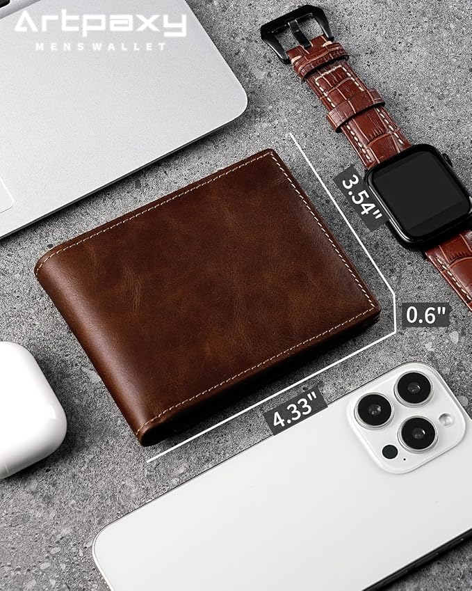 Artpaxy Mens Wallet Bifold Genuine Leather RFID Blocking Wallet for Men with 1 ID Windows 13 Card Holders 2 cash pockets 1 Gift Box