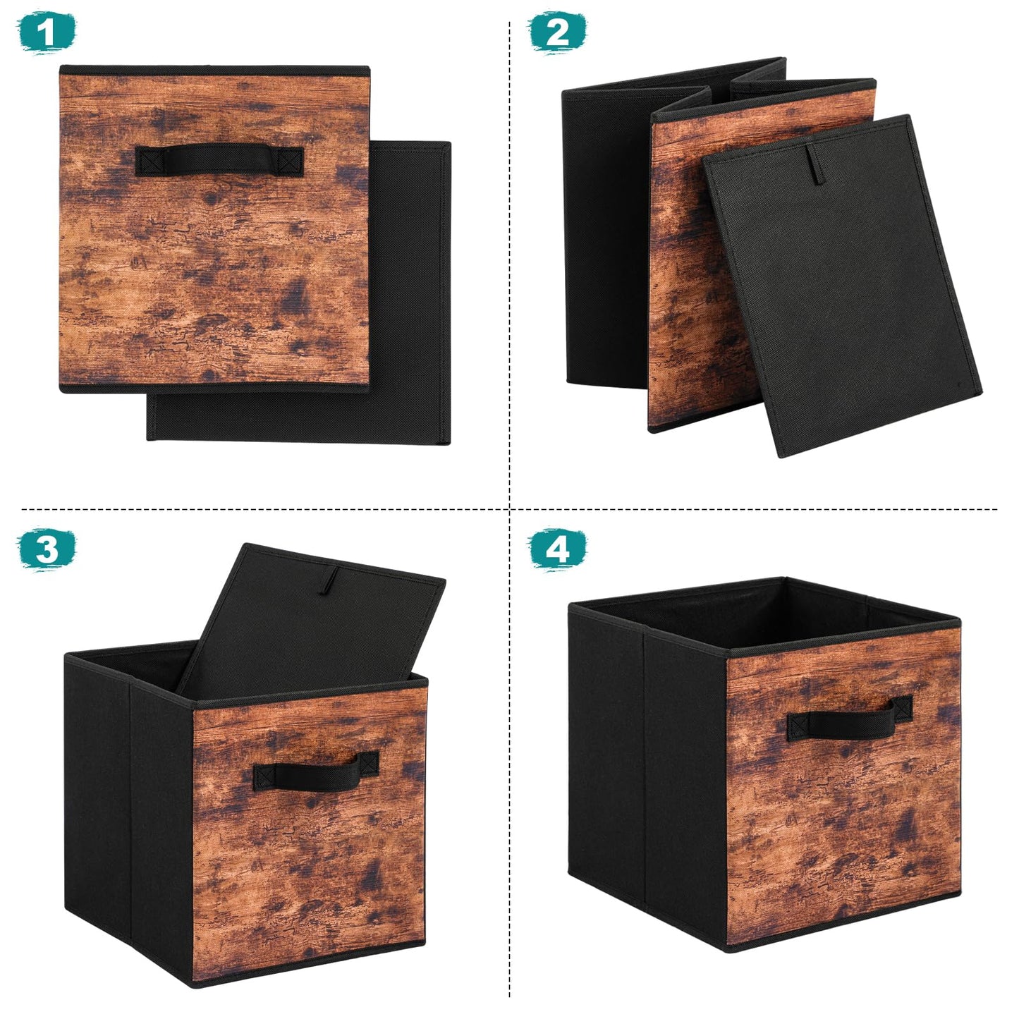 Stero Fabric Storage Cubes, 6 Pack Foldable Storage Bins with Handle, 11 Inch Box for Shelves, Closet, Organizer, Rustic Brown and Black