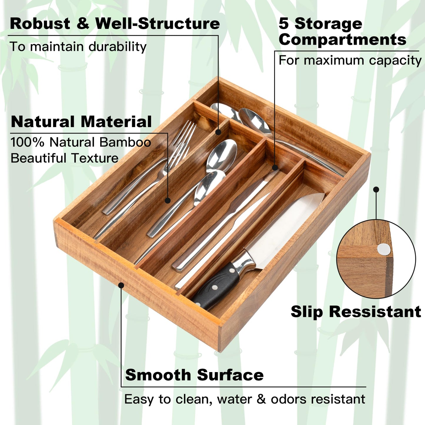 Conflech Silverware Organizer Acacia Kitchen Drawer Organizer Utensil Organizer Silverware Holder Cutlery Organizer in drawer Flatware Organizer Tray (Acacia 5 Slots)