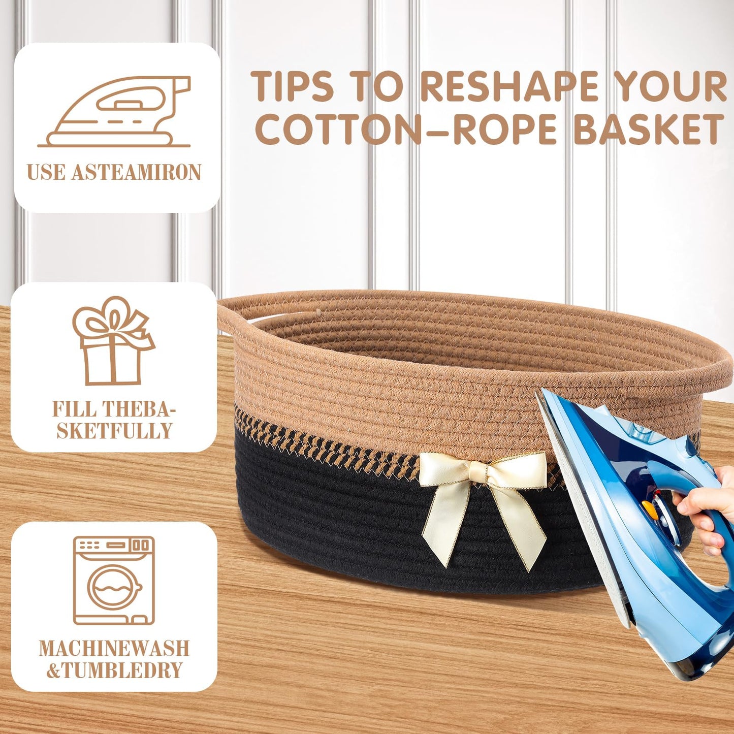 Colingmill 1 Set Woven Basket for Gift Empty with Cellophane Wrap Set 14 x 10 x 5.5 Inch, Medium Decorative Gift Basket Empty to Fill, Cotton Rope Storage Box Decor (Black Brown)