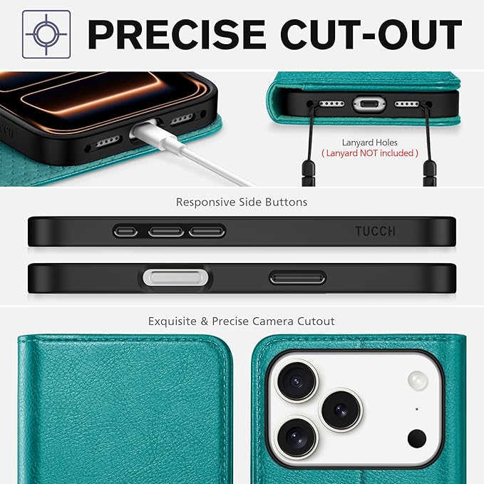 TUCCH Case Wallet for iPhone 17 Pro (6.3-Inch) 2025, 3 Card Slots | Kickstand | RFID Blocking | PU Leather | Protective Flip Folio Cover | TPU Shockproof Interior Shell | Cyan