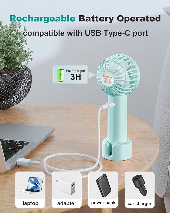 Coohea 2-Pack Pink & Blue Handheld Fan, Small Cute Design, 3 Powerful Speeds, Operated by USB/Rechargeable Battery, Personal Portable Fan with Base & Lanyard, for Eyelash Makeup Travel Beach Office