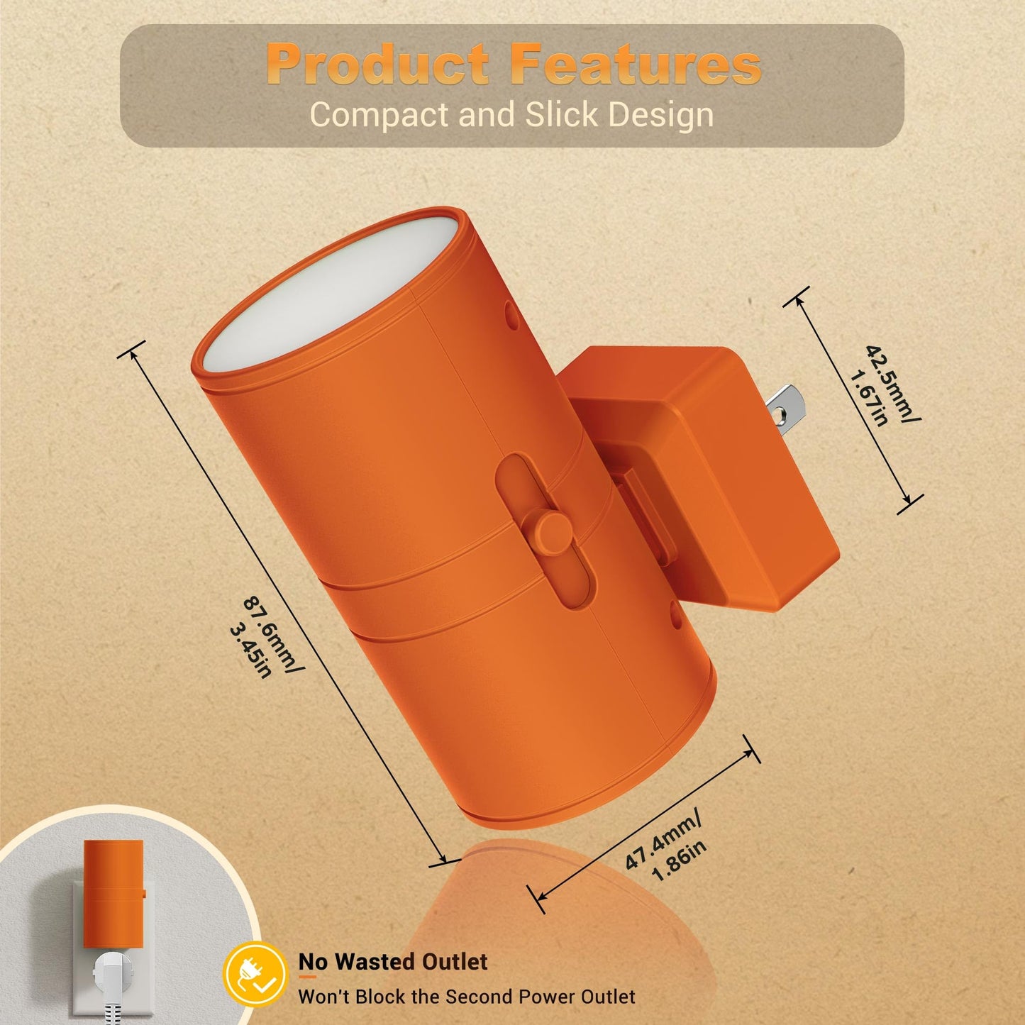 JandCase Night Lights Plug into Wall, Dimmable Night Light Plug in with Orange Shade, Modern Night Lights with Dusk to Dawn Sensor, Soft White 3000K, 0-100LM Nightlight for Hallway Bedroom, 2 Pack