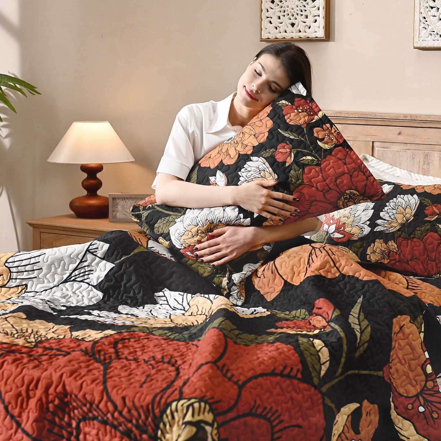 Andency Floral Boho Quilt King Size Bedding Set Black, 3 Pieces Farmhouse Flower Botanical Summer Bedspreads with 2 Shams, Soft Reversible Lightweight Polyester Coverlet Set for All Season, 106"x96"