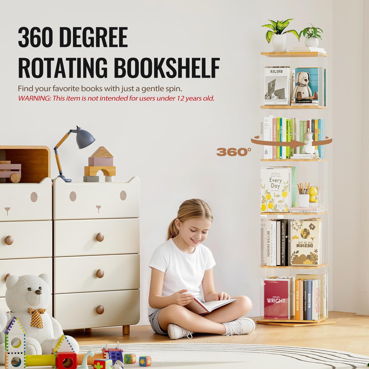 TAKEKIT 5-Tier Rotating Bookshelf, 360° Spinning Book Shelf Tower with Solid Wood & Clear Acrylic, Square Revolving Bookcase for Kids Room, Living Room, Bedroom and Office