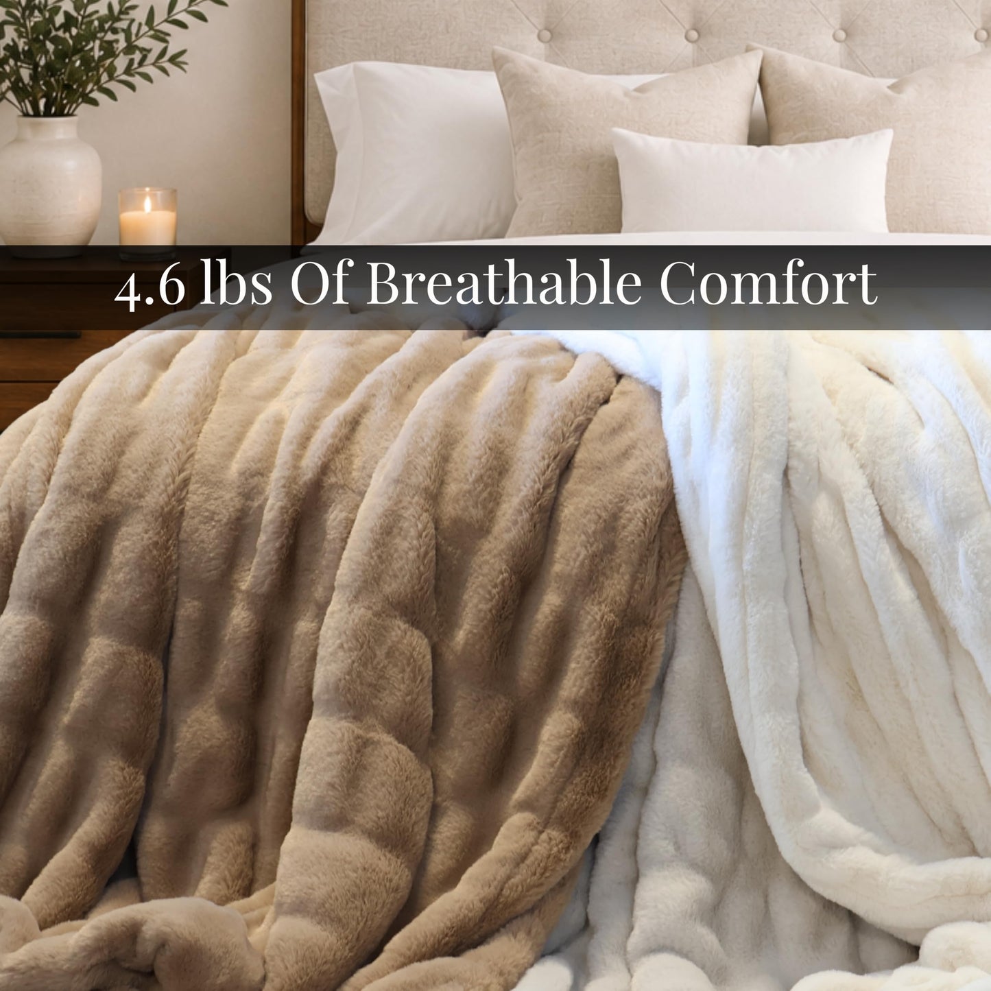 Raelee Luxury Faux Rabbit Fur Throw Blanket, Ultra Soft Double Sided Fluffy Plush Throw for Couch, Bed, Chair, Thick Warm Cozy Decorative Bubble Throw Blanket, Cream White, 50x60