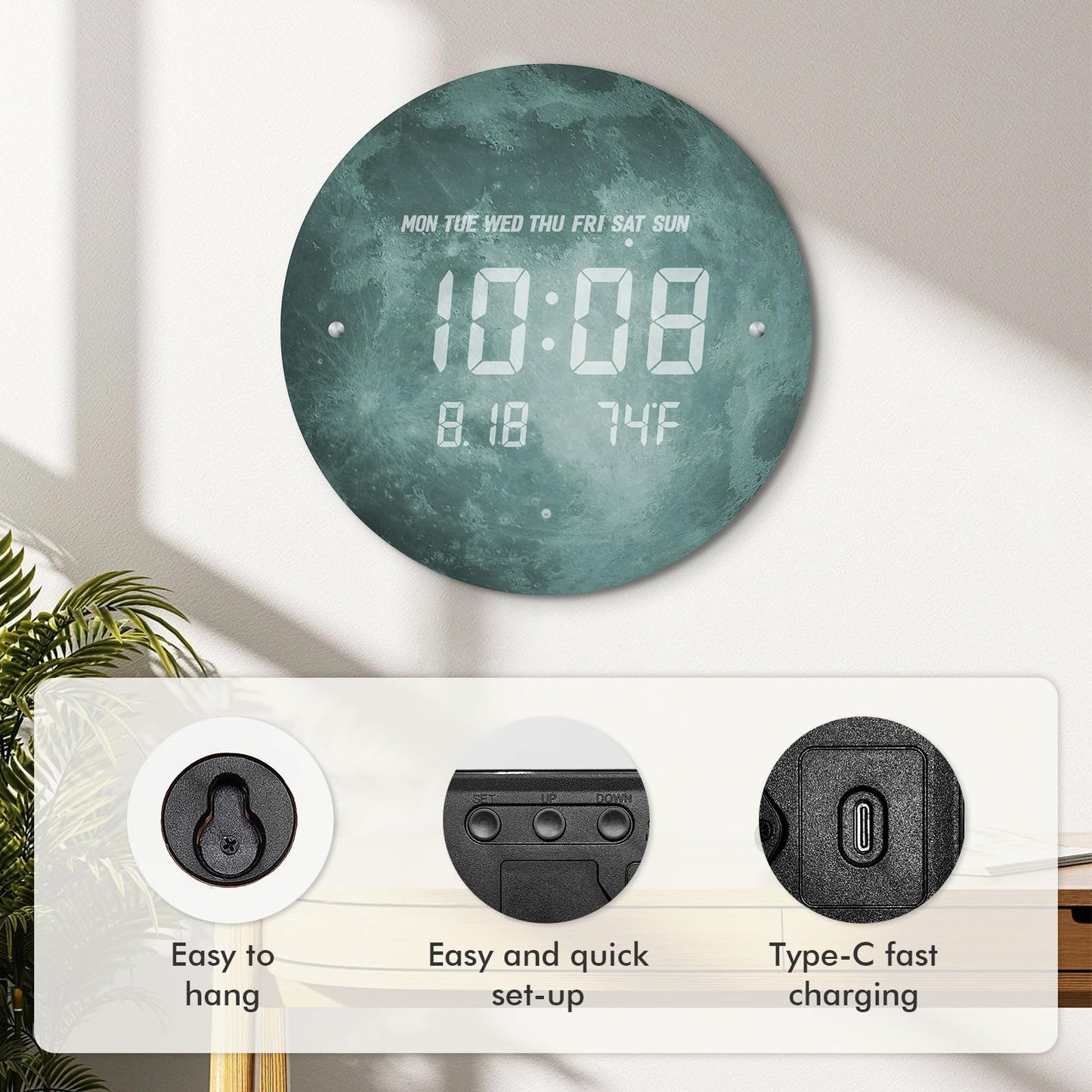 SCOAGE Digital Moon Wall Clock with Temperature/Time/Date, 12'' Modern Led Wall Clock Battery Operated, Smart Dimming, Large Display Decorative for Bedroom/Office/Kitchen
