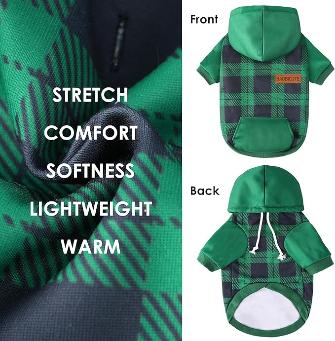 BAOBICUTE Dog Basic Hoodie Soft Dog Clothes Cold Weather Sweaters for Medium Large Dogs Cozy Fabric Warm Sweatshirt with Leash Hole (Green Plaid, M (Back: 16.54",Chest: 22.05", Neck: 16.54"))