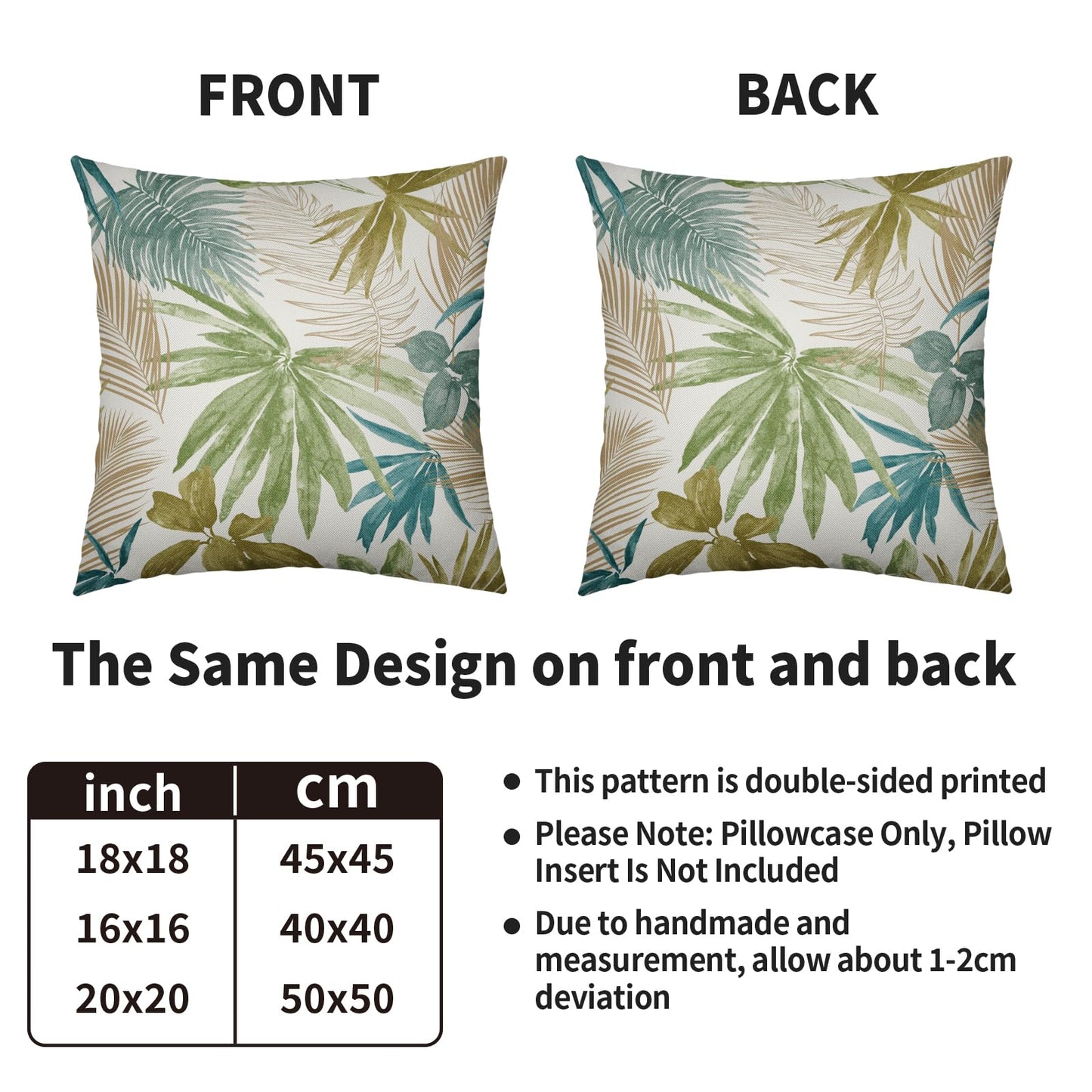 Smozenith Tropical Pillow Covers 18X18 Set of 2, Green Blue Teal Brown Palm Leaf Summer Print Decorative Throw Pillowcases Outdoor Farmhouse Seasonal Cushion Cases Couch Sofa Bed Decor