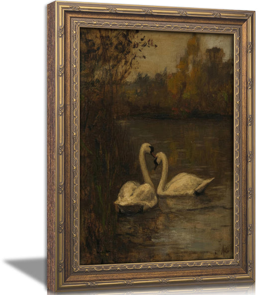 Vintage Gold Framed Swans Wall Art Antique Romantic Swan Lake Cottagecore Painting Canvas Prints Dark Moody Animal Picture Poster Modern Rustic Farmhouse Artwork for Living Room Bedroom Bathroom