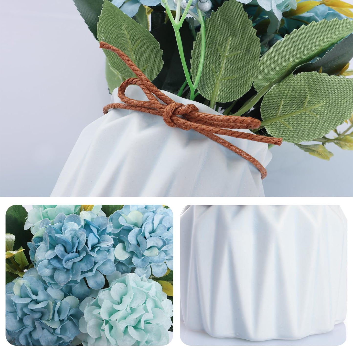 Fumwase Artificial Hydrangea Bouquet with Small Ceramic Vase Artificial Flower Plants Mini Fake Hydrangea Flowers Decoration Indoor for Home Office Table Bedroom Living Room Party (Blue)