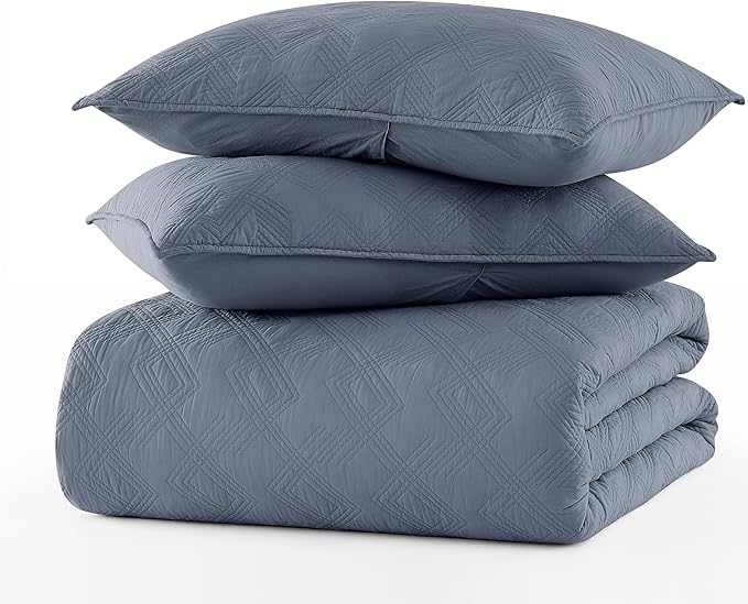 WDCOZY 100% Cotton Oversized King Quilt Set - Dusty Blue California Cal King Size Soft Lightweight Modern Bedspread, Farmhouse Country Rustic Coverlet, Textured Like Linen, Shabby Chic Bedding