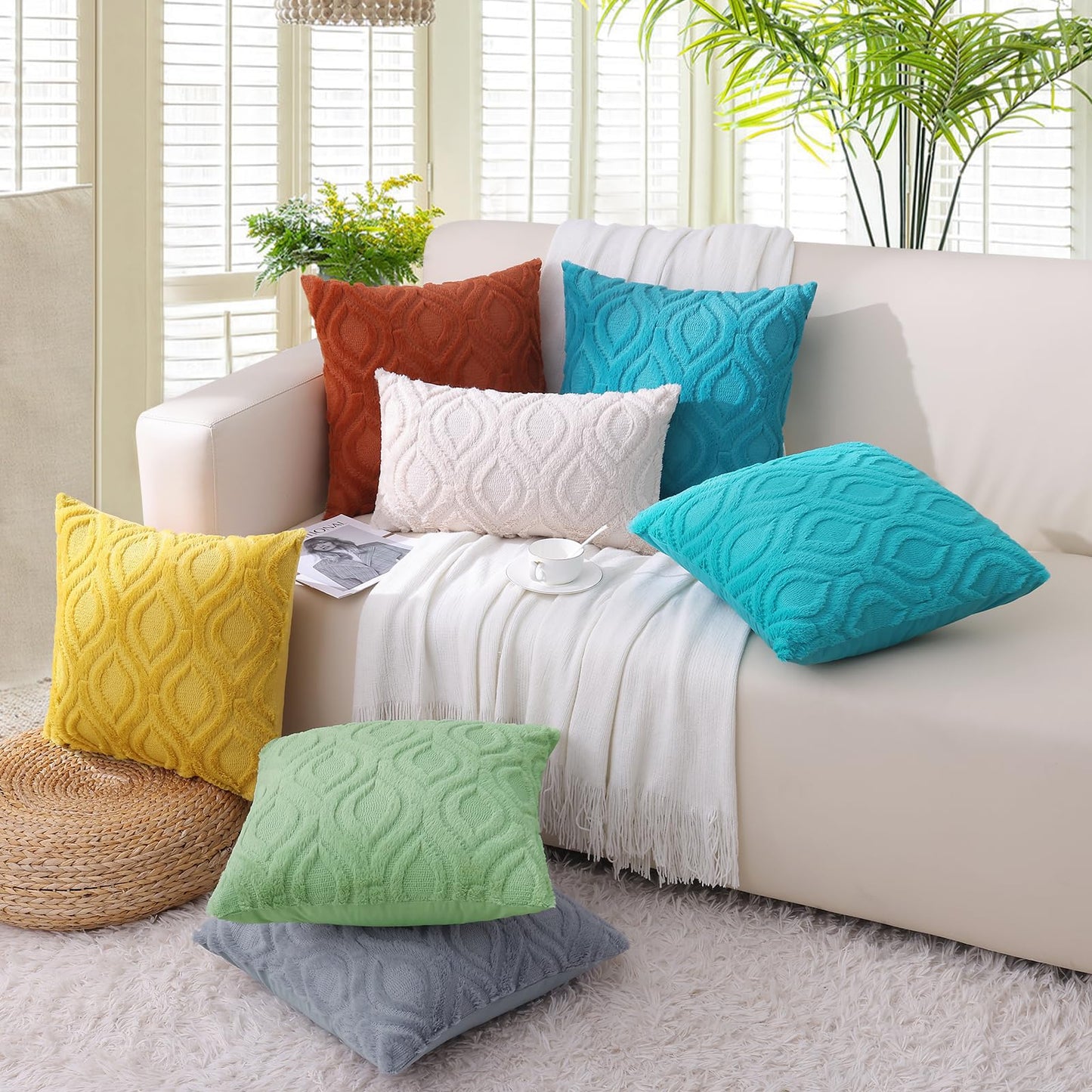 decorUhome Throw Pillow Covers 12x20 Inch Set of 2, Soft Plush Faux Wool Blue Grey Solid Couch Pillow Covers, Accent Farmhouse Neutral Rectangle Pillow Cases for Sofa Bed Living Room