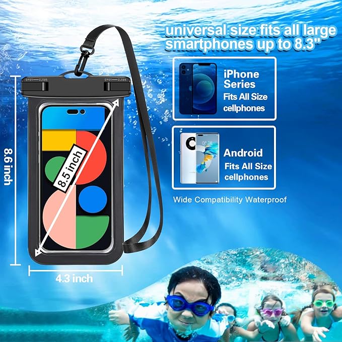 Up to 8.3" 4 Pack Multicolor Universal Waterproof Phone Pouch, Large Phone Waterproof Case Dry Bag,Protection Level: IP68,Outdoor Sports for Apple iPhone,Samsung,and More,Black,Blue,Pink,Orange