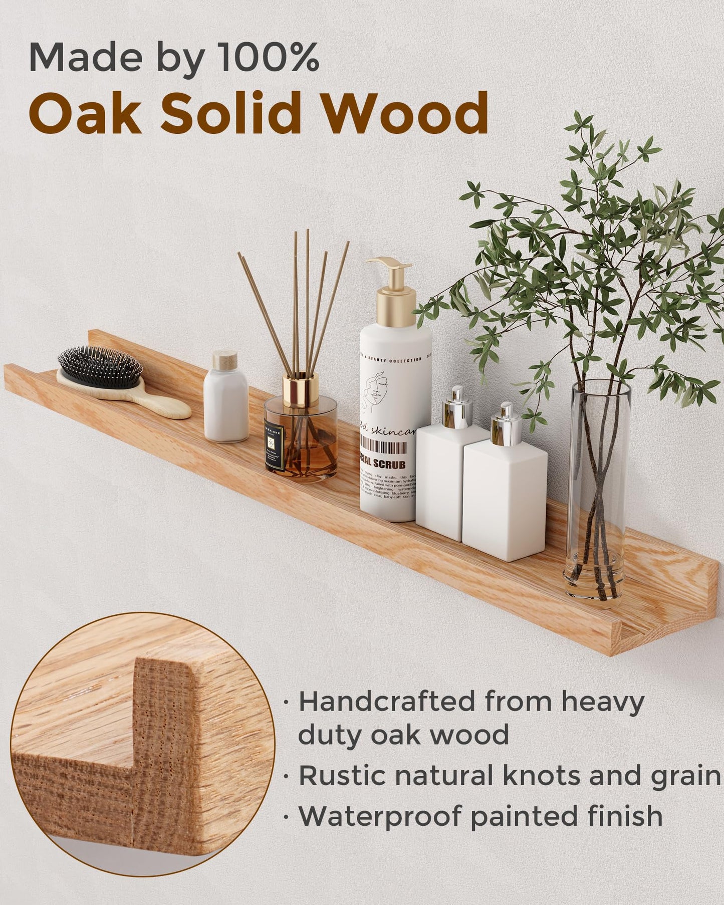 Axeman Oak Picture Ledge Shelf, 72 Inch Floating Shelves Set of 2, Solid Oak Wood Wall Shelves with Lip, Wall Decor Storage for Bedroom Living Room Bathroom Kitchen Nursery Photo Picture, Natural Oak