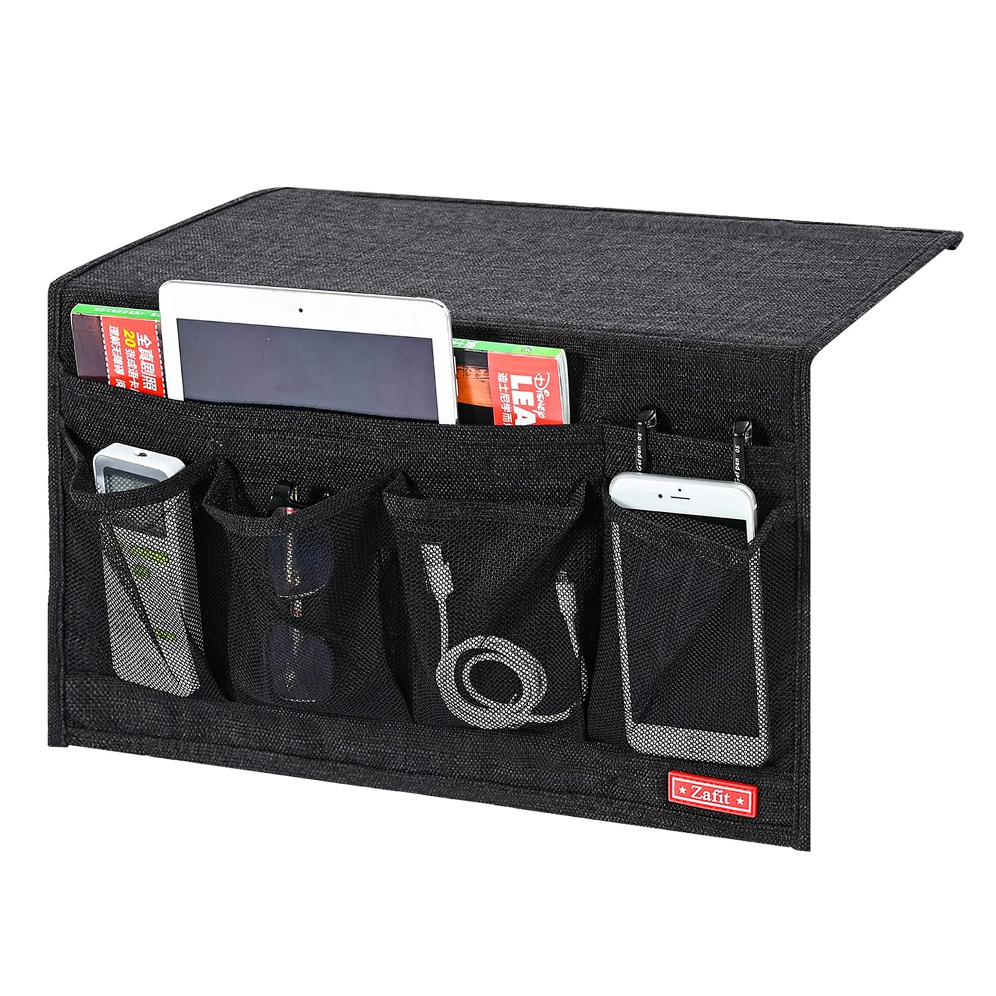 Zafit Linen 6 Pockets Bedside Caddy, Bedside Storage Organizer for Magazine, Remotes, Phone (Black)