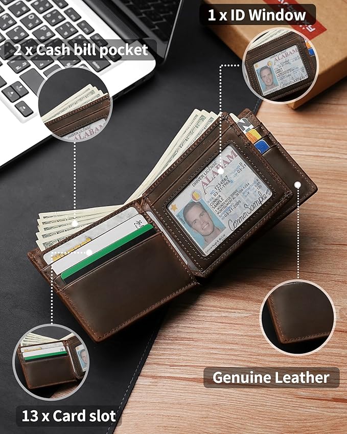 Artpaxy Mens Wallet Genuine Leather Bifold RFID Blocking Wallet for Men with 1 ID Window 13 Card Holders 2 cash pockets 1 Gift Box