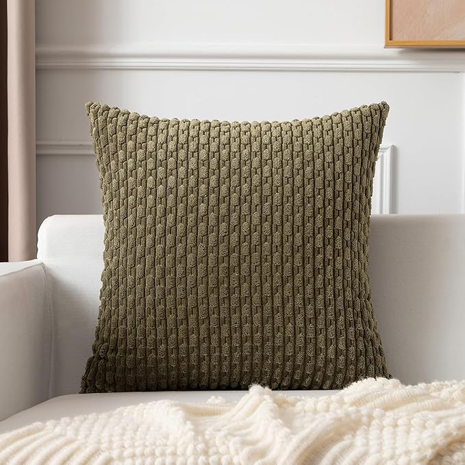 Kevin Textile Pack of 2 Corduroy Decorative Throw Pillow Covers 22x22 Inch Soft Boho Striped Pillow Covers Modern Farmhouse Home Decor for Spring Sofa Living Room Couch Bed Olive Green