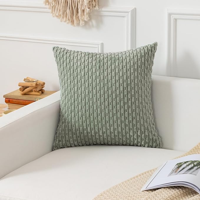 Kevin Textile Throw Pillow Covers Soft Corduroy Decorative Set of 2 Boho Striped Pillow Covers Pillowcases Farmhouse Home Decor for Couch Bed Sofa Living Room 24x24 Inch Greyish Green