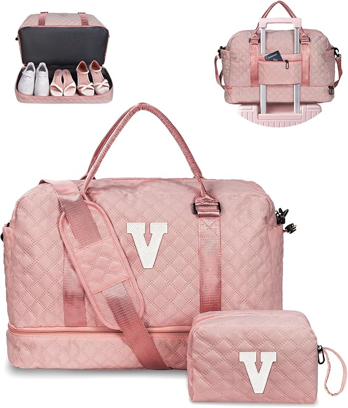 Vogewood Birthday Gifts for Women - Initial Duffle with Shoe Compartment, Personalized Weekender, Monogram Overnight, Letter Travel Bag with Makeup Bag; Preppy Girl Gift (Letter V)