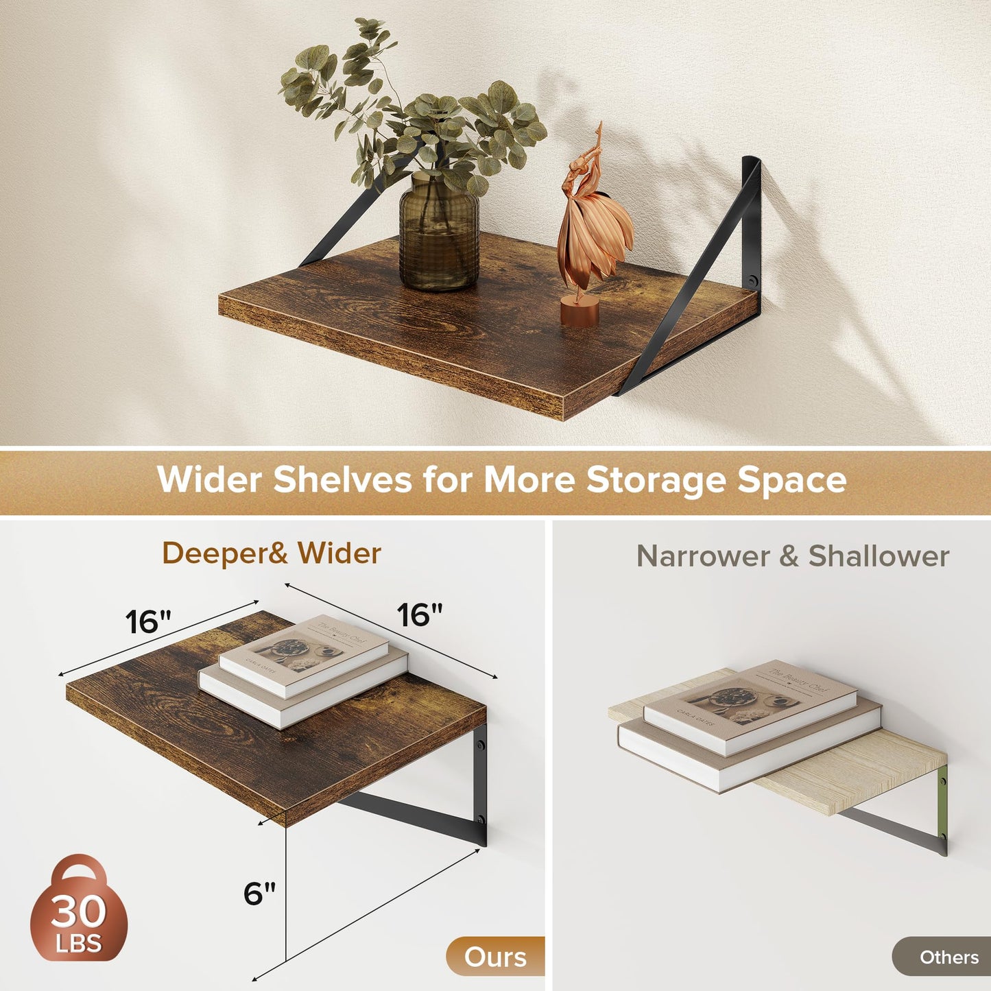 Acovy Deep Floating Shelves Wall Mounted, 16"x12" Brown Wood Shelves with Brackets Set of 2 for Bedroom, Living Room, Bathroom, Kitchen, Office - Storage & Display Shelf for Decor, Books, Plants