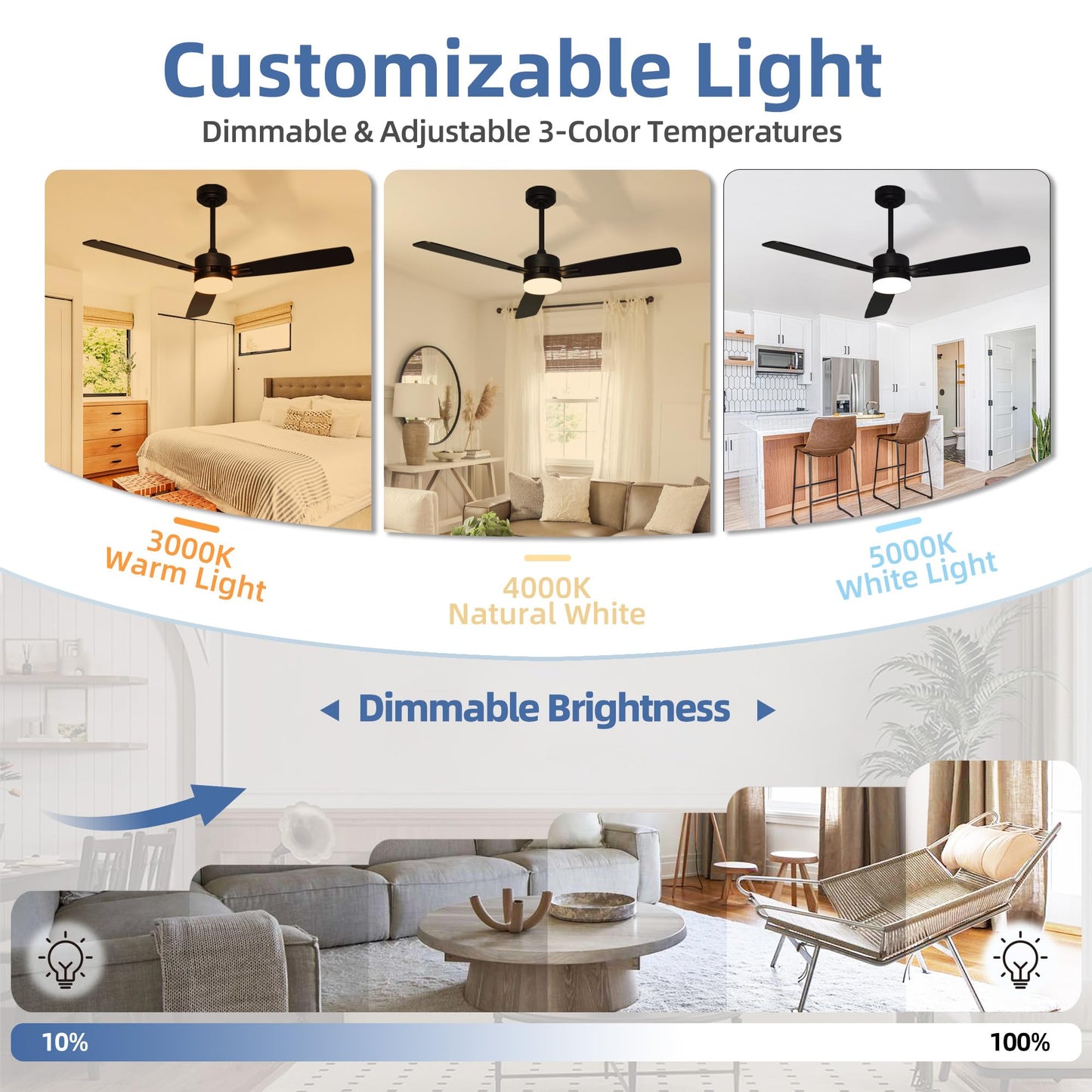 hykolity 52 Inch Ceiling Fan with Light and Remote Control, 3CCT Dimmable LED Light, Downrod & Flush Mount, Quiet DC Motor, Modern Black Ceiling Fans for Bedroom Living Room Indoor