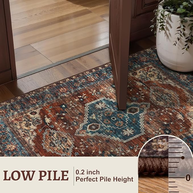 Tangsoo 2.6x10 Washable Hallway Runner Rug, Non Slip Vintage Runner Rug for Hallways, Soft Low Pile Long Rug Runner, Print Distressed Carpet Runners for Kitchen Bedroom Entryway Living Room