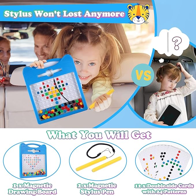 Magnetic Drawing Board for Kids, Toddler Magnet Doodle Board with Beads and 2 Pens, Magnetic Dot Art Toys, Airplane Car Travel Activities (Blue Cat)