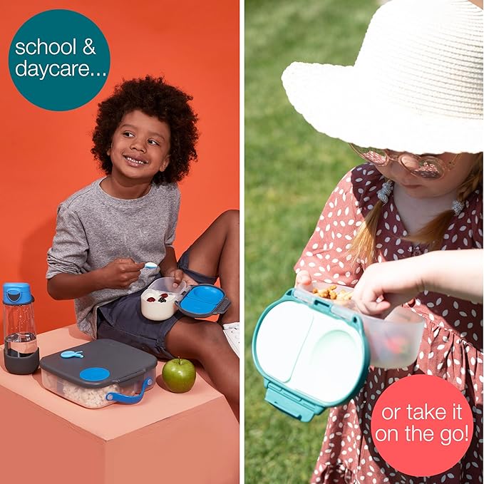 b.box Snack Box 2-Pack - Leak Proof Mini Bento Box for Kids & Toddlers, 2 Compartment Snack Containers for Kids, Dishwasher Safe, BPA-Free, PFAS-Free, Ages 4mo+, 1 3/4 Cup Each (Strawberry + Lilac)