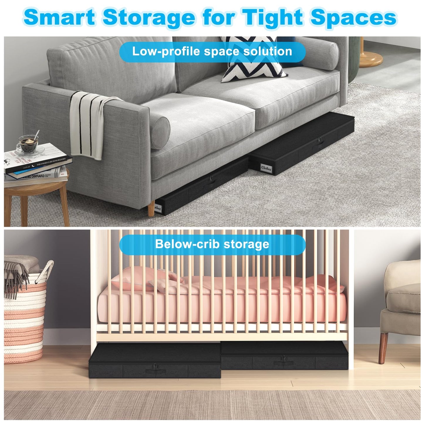 Under Bed Storage Container Bins 2 Pack, 4.5 Inch Slim Low Profile Underbed Clothes Storage Organizer for Dorm & Home, Use for Blanket and Toy Storage Box W/ Sturdy Bottom/Sides, Foldable Thick Fabric