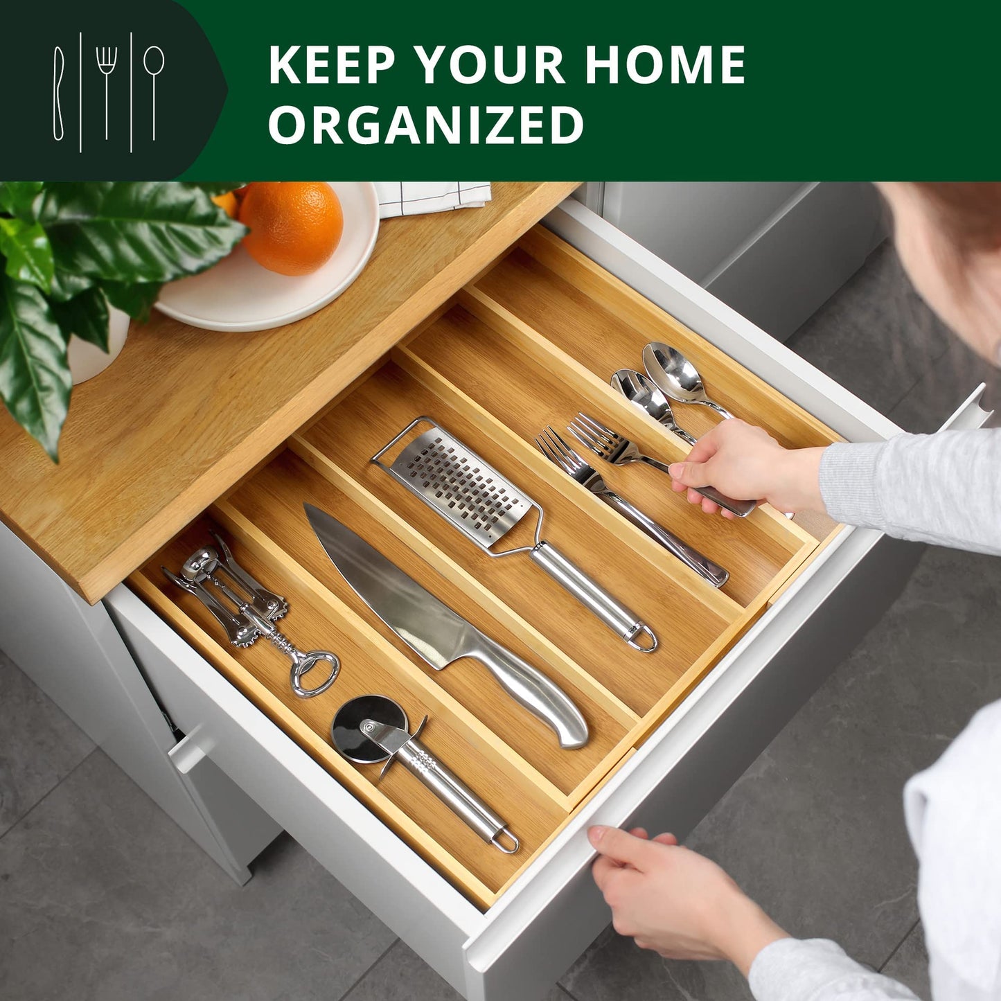 Luxury Bamboo Kitchen Drawer Organizer - Silverware Organizer - Utensil Holder and Cutlery Tray with Grooved Drawer Dividers for Flatware and Kitchen Utensils (5 Slot, Natural)