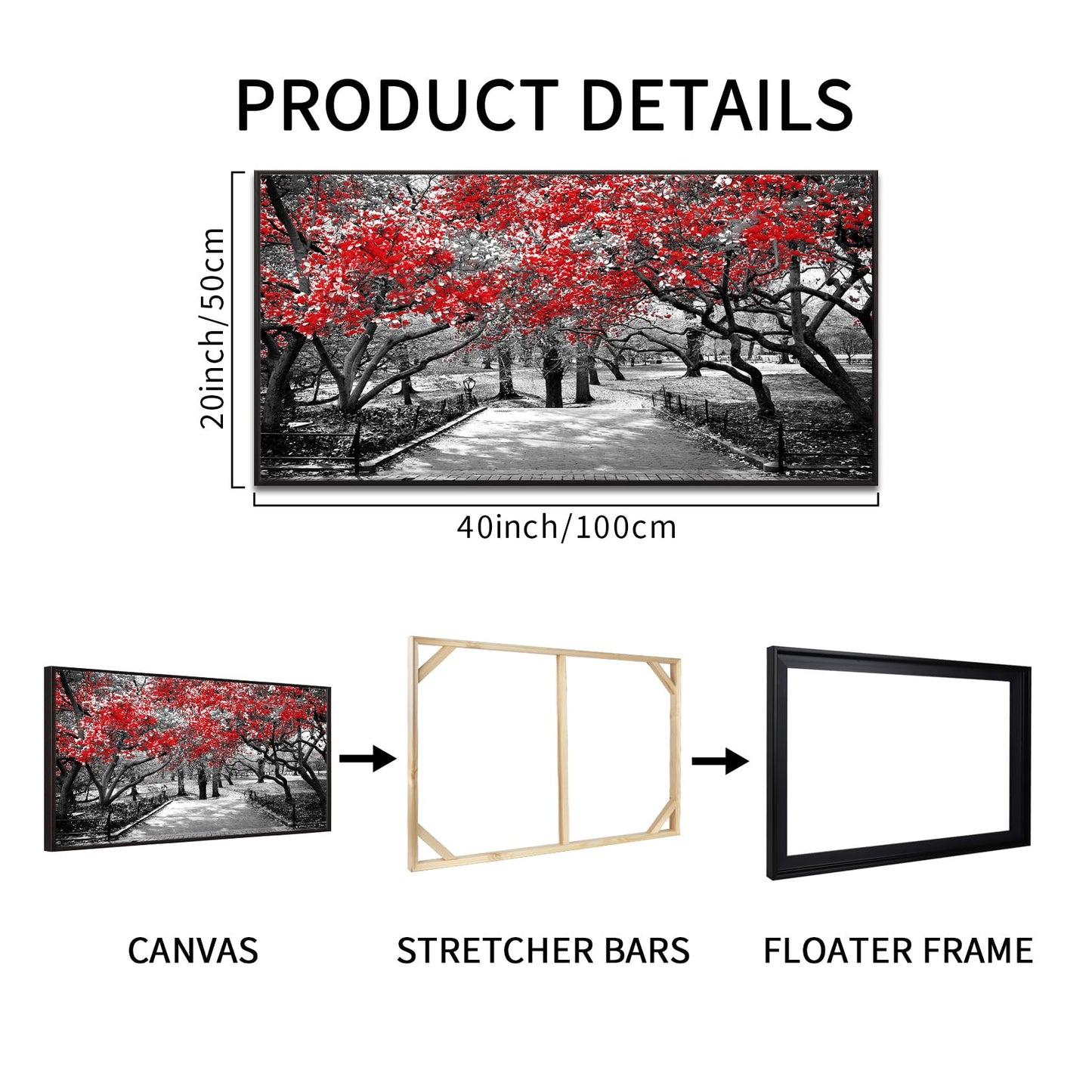 Muzenso Black and Red Trees Canvas Wall Art 20x40 Inch Surreal Black and White Landscape Scene in Central Park New York City Artwork with Black Floater Frame Modern Urban Home Decoration