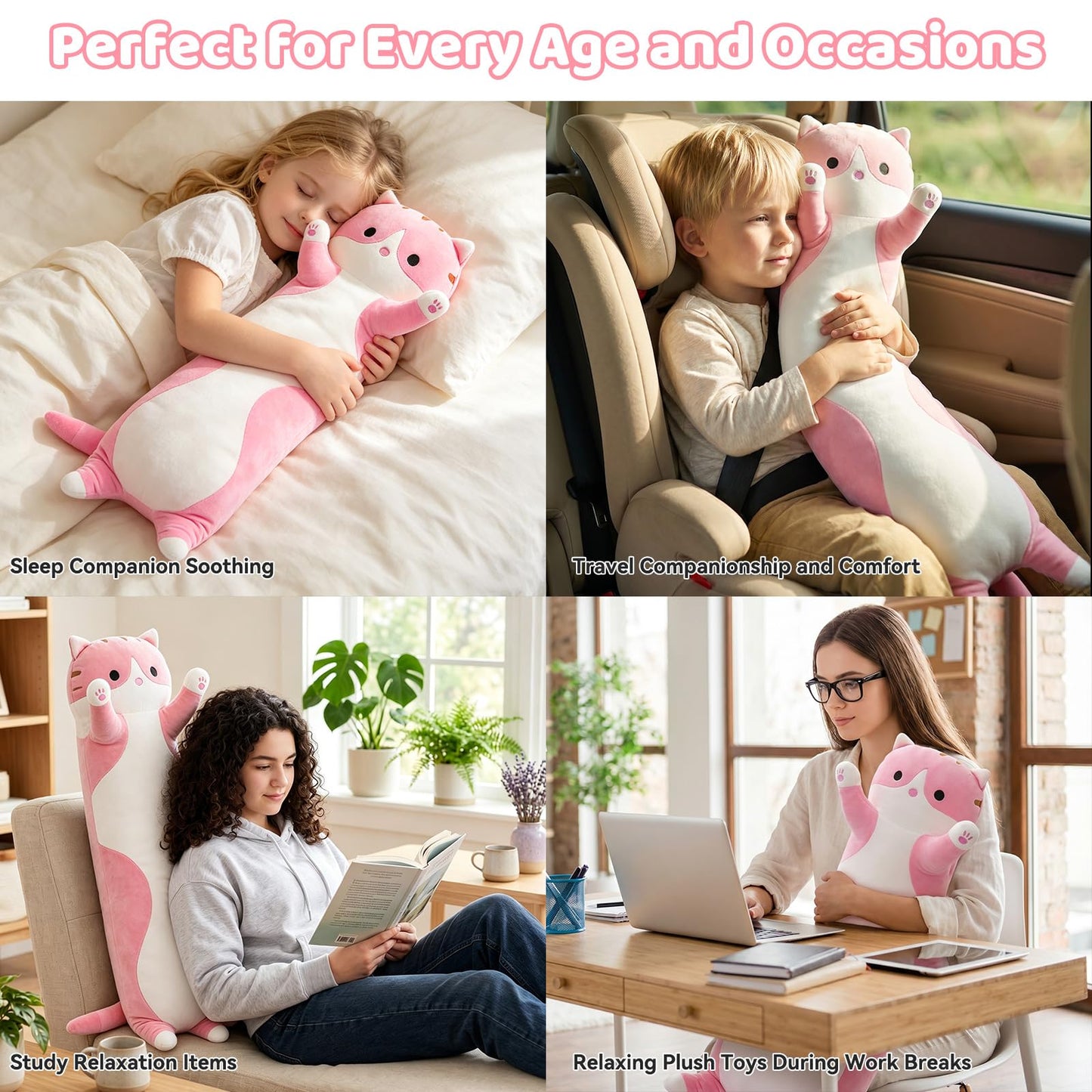 SHINUOER Cute Cat Plush Long Body Pillow – Soft Cartoon Stuffed Animal Doll, Kawaii Cat Plushie Cuddle Toy for Kids, Girls & Girlfriend (Pink, 51.1 Inch)
