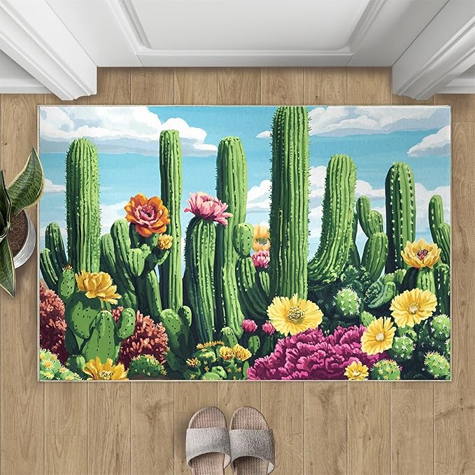 Cactus Living Room Rugs, Desert Oasis Area Rugs 5x8 Rug Succulents Non-Slip Washable Rugs Stain Resistant Rug Low-Pile Throw Rug for Bedroom Dining Room Office