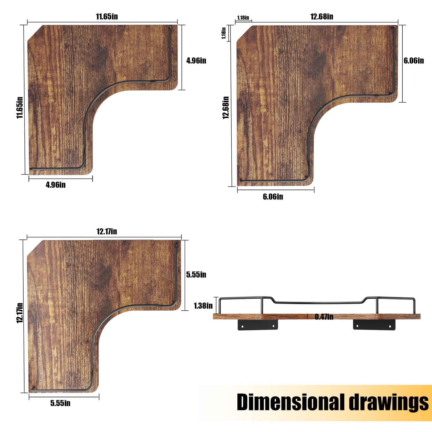 FNBAR L-Shaped Corner Floating Shelves Set of 3,Rustic Wood Wall Mounted Storage Shelves,Display Shelf for Bathroom, Kitchen,Bedroom, Living Room, Office (Brown)