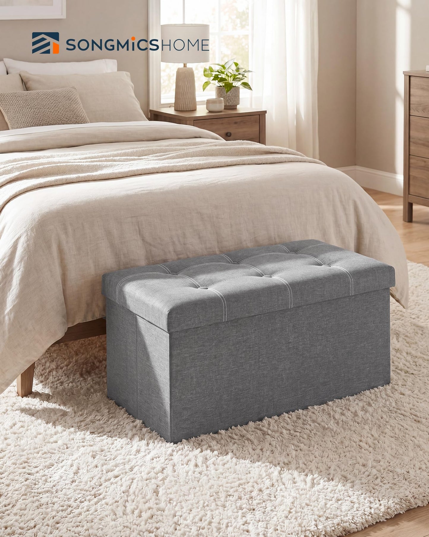 SONGMICS Home Storage Ottoman, 21 Gallons End of Bed Bench, 15.2 x 30.2 x 15.2 Inches, for Bedroom, Entryway, Living Room, Light Gray