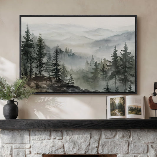 Framed Mountain Foggy Forest Landscape Wall Art, Horizontal Nature Watercolor Canvas Artwork for Walls, Misty Pine Tree Scenery Painting Print Wall Art Decor for Living Room Bedroom Office, 24x36 Inch