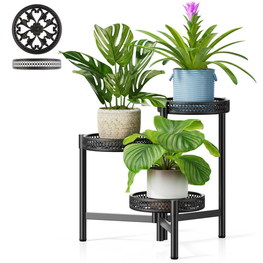 NQW Metal Plant Stand Indoor Outdoor, 3 Tier Corner Tall Plant Shelf for Multiple Plants, Tiered Plant Stand, Heavy Duty Flower Plant Holder, Folding Tall Rack for Garden Patio Lawn Balcony - BlackWave