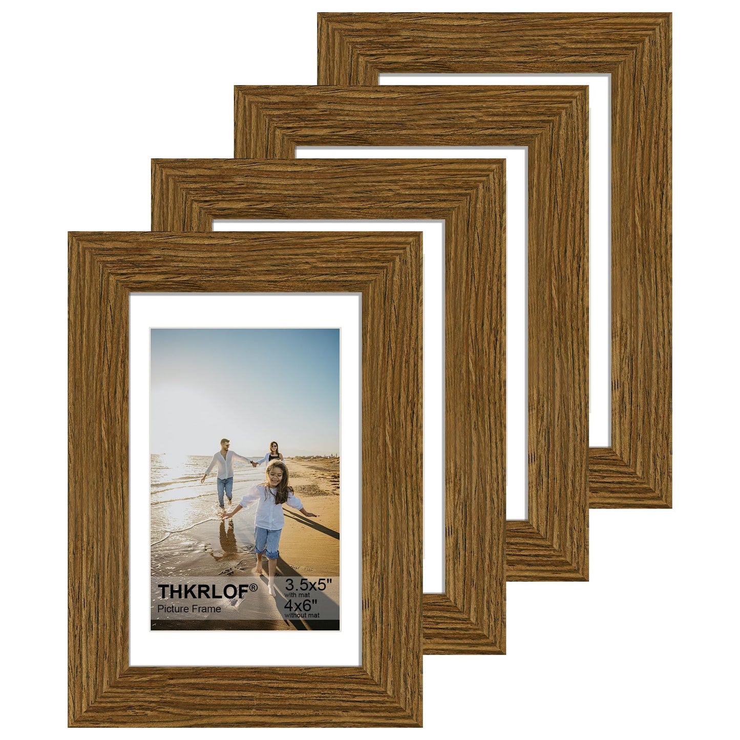 THKRLOF 4x6 Picture Frame Set of 4, Wooden Real Glass Photo Frames with 3.5x5 Mat for Wall and Tabletop Display,Brown