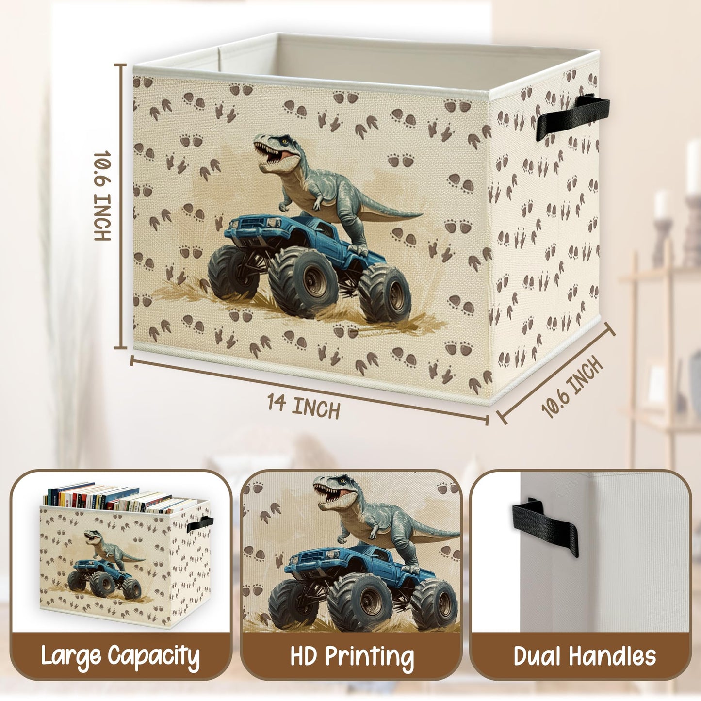 KSDUT Dinosaur Nursery Foldable Storage Bins Box with Handles, Monster Truck Dinosaur Kids Playroom Collapsible Foldable Basket Organizer for Kids Boy Nursery Bedroom Bathroom Clothes Toys Books