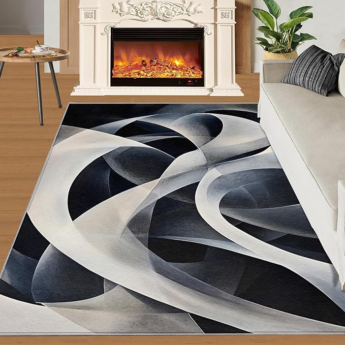 Abstract Lines Area Rug 4x6 Washable Rug Geometric Stripes Rugs for Living Room Minimalism Non Slip Carpet Floral Print Mat Bedroom Bathroom