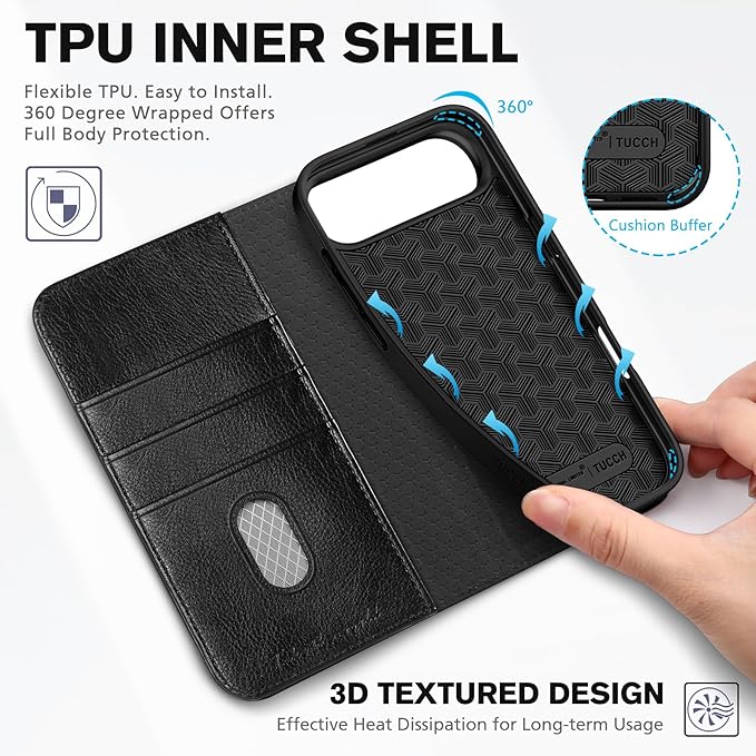 TUCCH Case Wallet for iPhone Air (6.5") 2025, RFID Blocking, 3 Card Holders, Kickstand, PU Leather, Protective Flip Folio Cover, TPU Shockproof Interior Shell, Textured Black