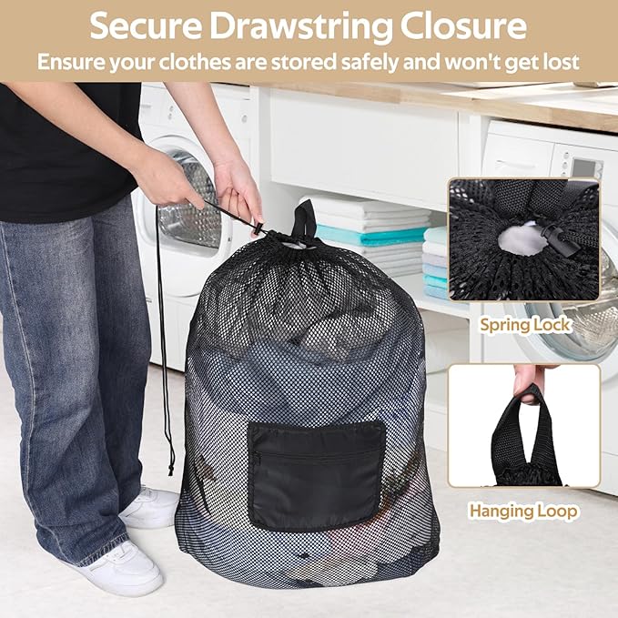 OTraki Mesh Laundry Bags 36 x 28 Inch Extra Large Drawstring Laundry Mesh Wash Bag with Shoulder Straps Heavy Duty Dirty Clothes Travel Laundry Backpack for Home College Dorm Apartment Black