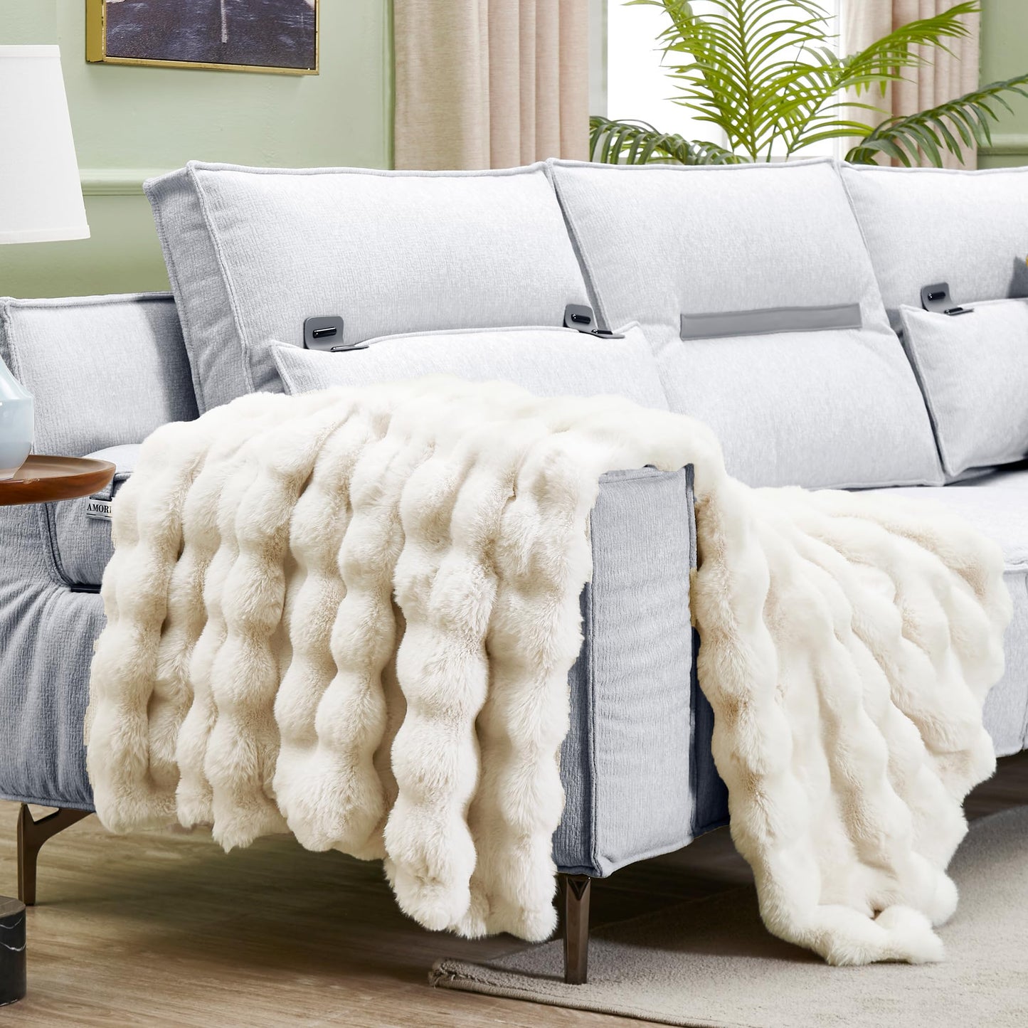 JONIYEAR Extra Large Soft Fuzzy Bubble Faux Rabbit Fur Bed Blanket Queen Size 80" x 90", Decorative Big Thick Warm Fluffy Blanket for Winter, Luxury Cute Cozy Shaggy Comfy Furry Blankets, Cream White