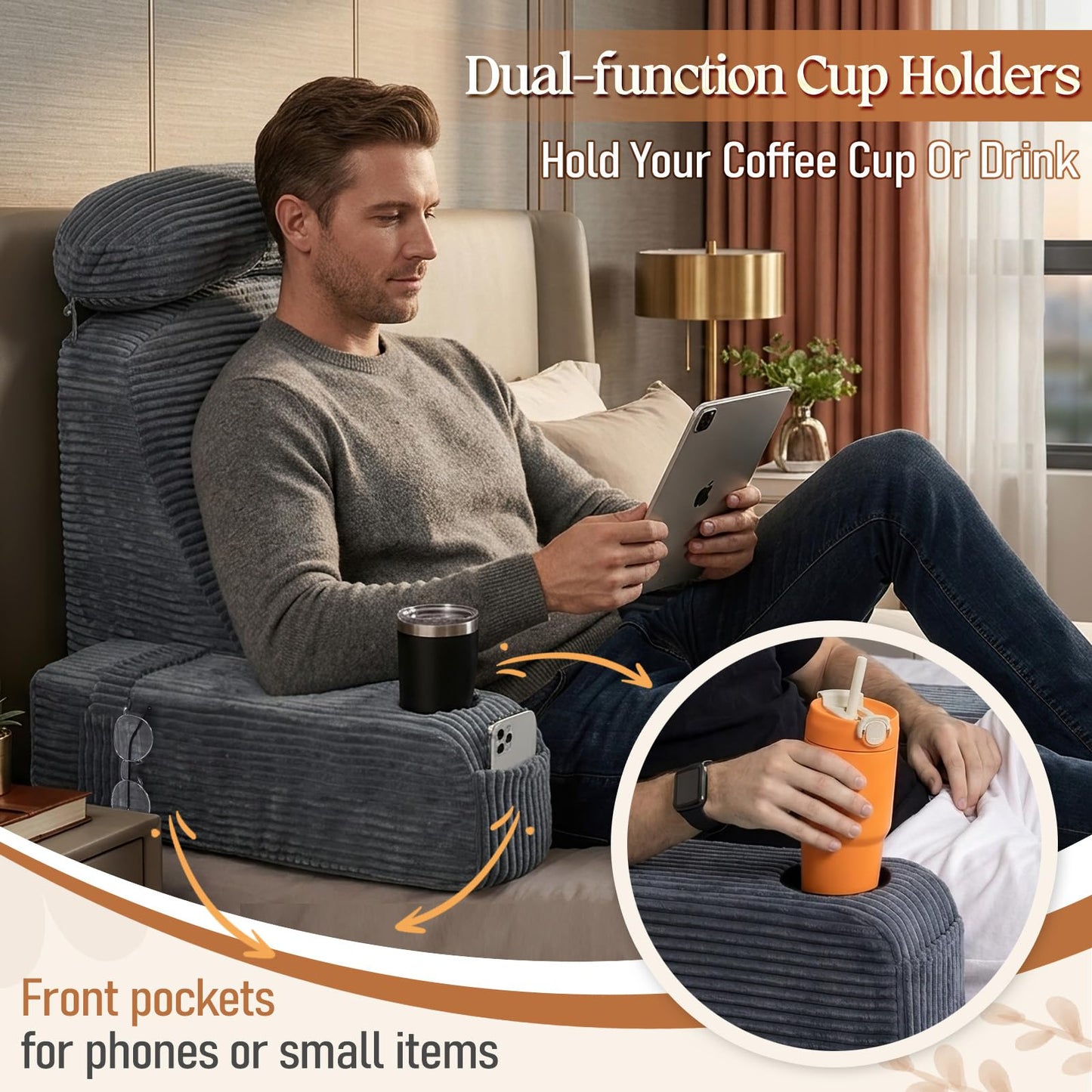 AMCATON Reading Pillow/Backrest Pillow with Arms, Cup Holder & Phone Pocket - Bed Rest Pillow with Adjustable Headrest, Corduroy Fabric for Back Support in Bed/Sofa/Floor (Gray, 21 INCH)