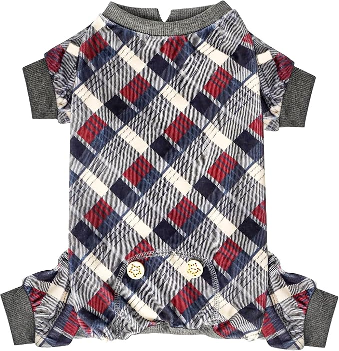 KYEESE Dog Pajamas Plaid Dog Pajamas for Small Dogs Boy Girl Comfy Coat Soft Doggie Jammies Stretchy Onesie Pet Clothes Velvet Pjs, Grey, Medium