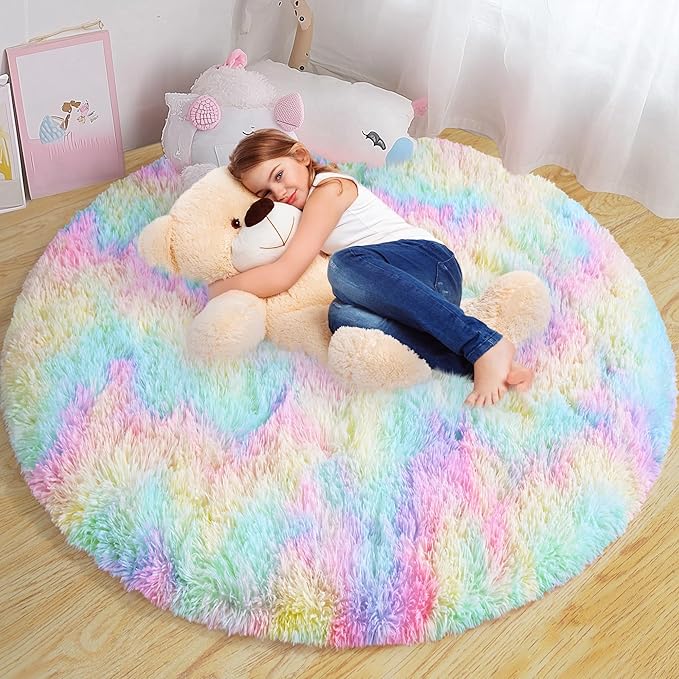 Round Fluffy Rugs 8Ft for Girls Bedroom, Rainbow Shag Circle Kids Rug Non-Slip for Bedside Dorm Nursery Playroom, Soft Cute Area Rugs for Living Room Decor