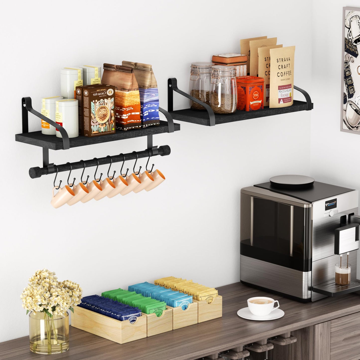 Love-KANKEI Floating Shelves for Coffee Bar,Bathroom Shelves with Towel Bar, Wall Shelves with 8 Hooks for Kitchen, Storage Shelf Set of 2 for Bedroom,Living Room，17.3 Inch Black