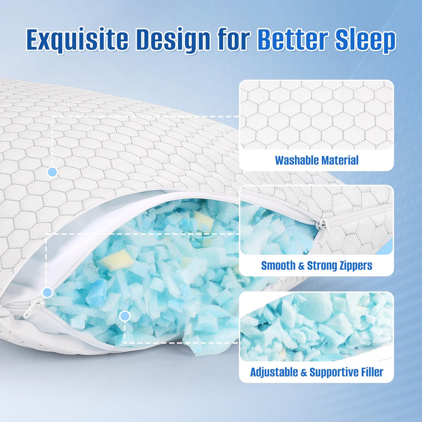 CushyOasis Cooling Pillow for Sleeping, Pillows Queen Size Set of 2, CertiPUR-US Shredded Memory Foam Pillows for Hot Sleepers, Adjustable Firm Pillow for Side, Back, Stomach Sleepers, Gray